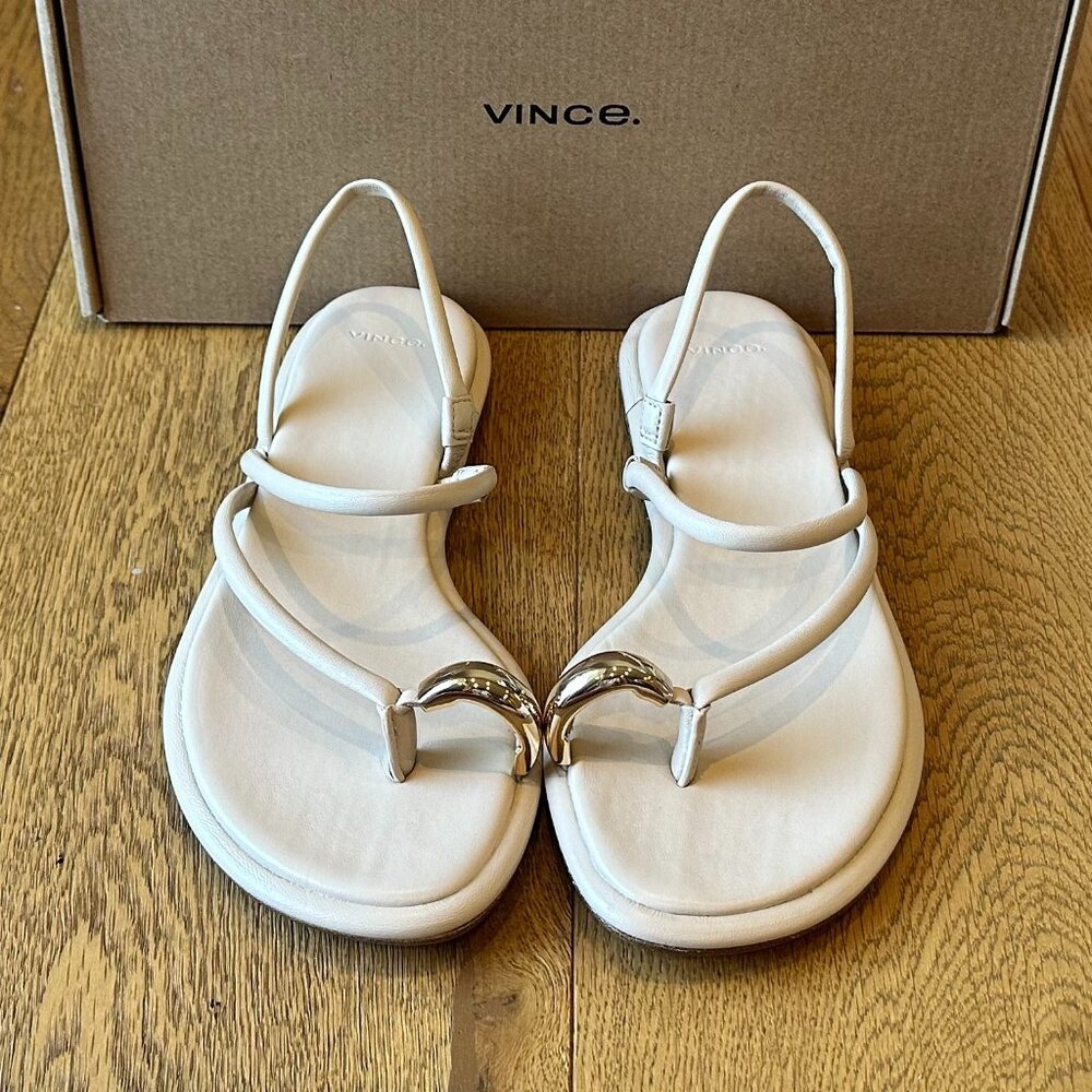 VINCE Lucile Leather Gold-Tone Toe-Ring Slingback Sandals (Birchsand) - Picture 11 of 16